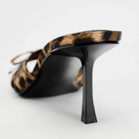 Elegant Leopard Print Bow Knot High Heel Mules for Women